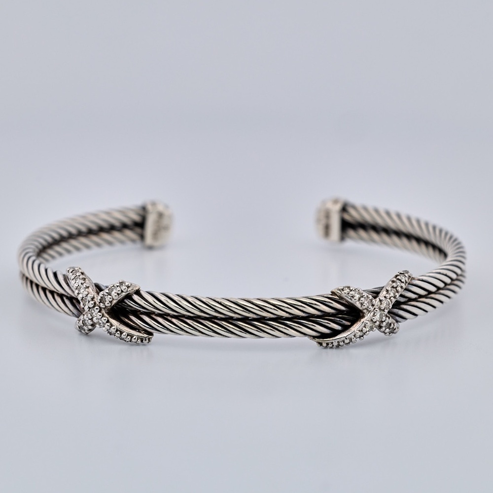David Yurman Diamond Double X Cable Cuff Bracelet, Sterling Silver.